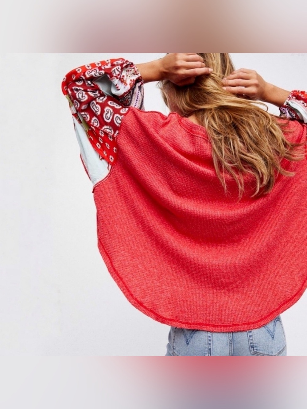 Free People We the Free Red Blossom Thermal Top with Paisley Sleeves, size XS - Picture 2 of 8